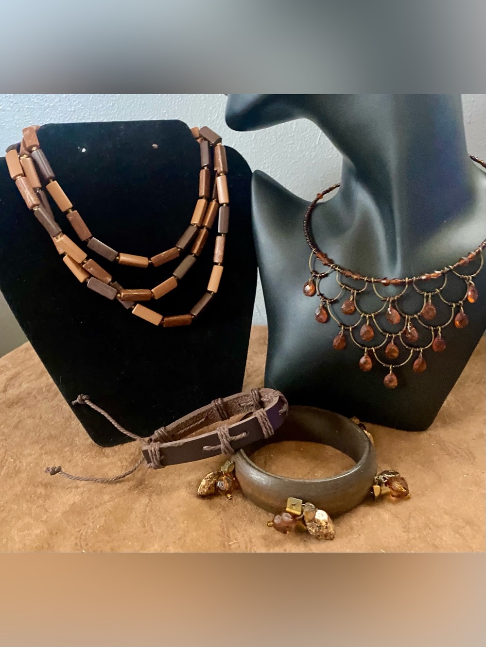 Brown Beaded Multi-TierTeardrop Necklace Triple strand wood W. Germany